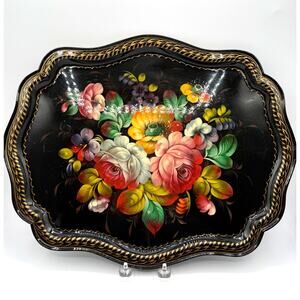 Large Vintage Russian Art Hand Painted Metal Tray W/Floral Design-Signed
